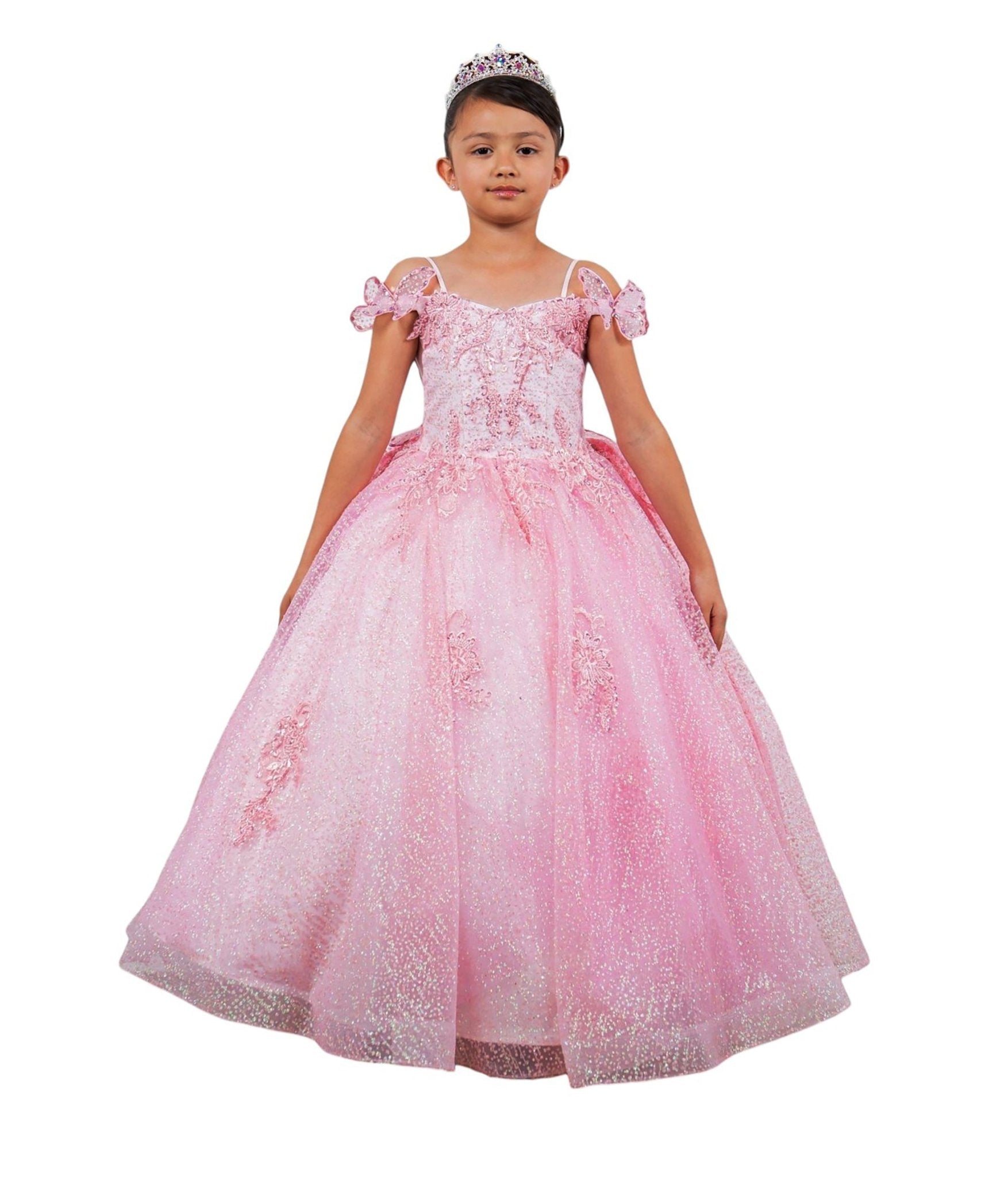Pink mini quince dress with butterfly lace beaded floral applique layered tulle removable train.