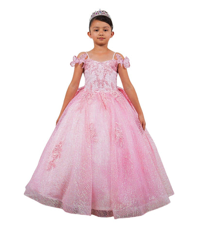 Decorative elements define pink mini quince dress with butterfly lace beaded floral applique layered tulle removable train.