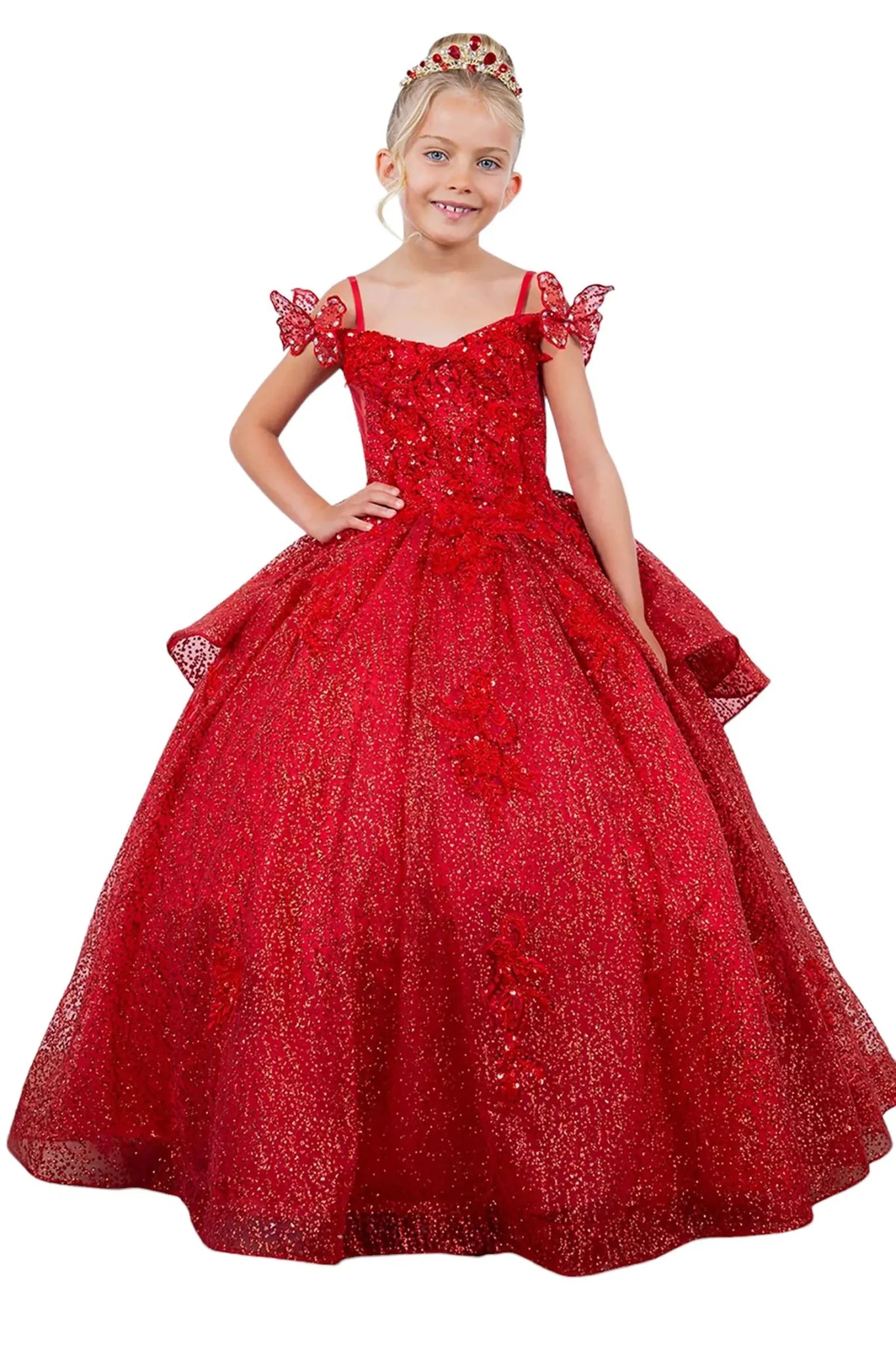 Red front view kids mini quinceañera mini quince dress with butterfly lace, beaded floral bodice and detachable tiered train.