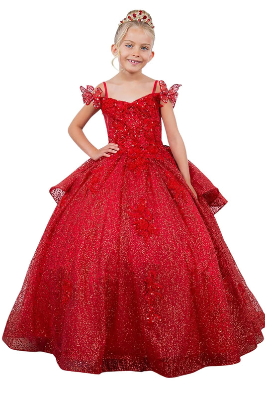 Red front view kids mini quinceañera mini quince dress with butterfly lace, beaded floral bodice and detachable tiered train.