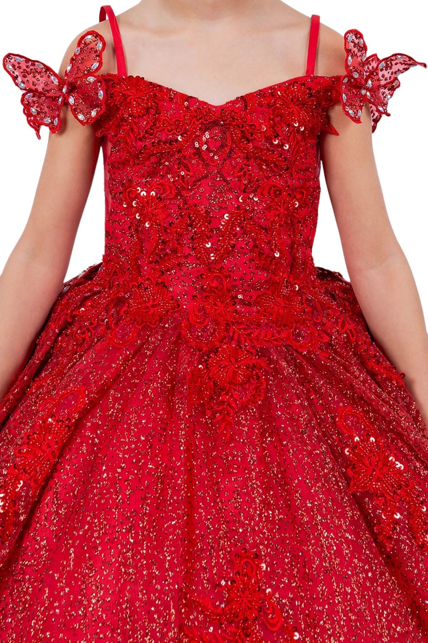 Red front zoom kids mini quinceañera mini quince dress with butterfly lace, beaded floral bodice and detachable tiered train.