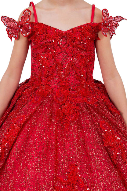 Detailed view highlights red front zoom kids mini quinceañera mini quince dress with butterfly lace, beaded floral bodice.