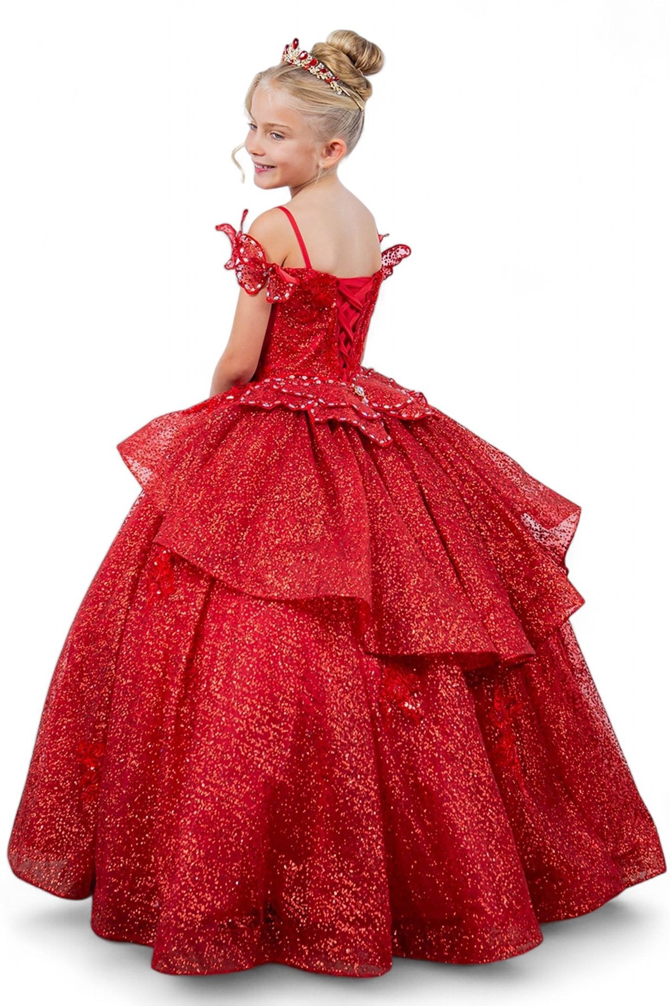 Red back view kids mini quinceañera mini quince dress with butterfly lace, beaded floral bodice and detachable tiered train.