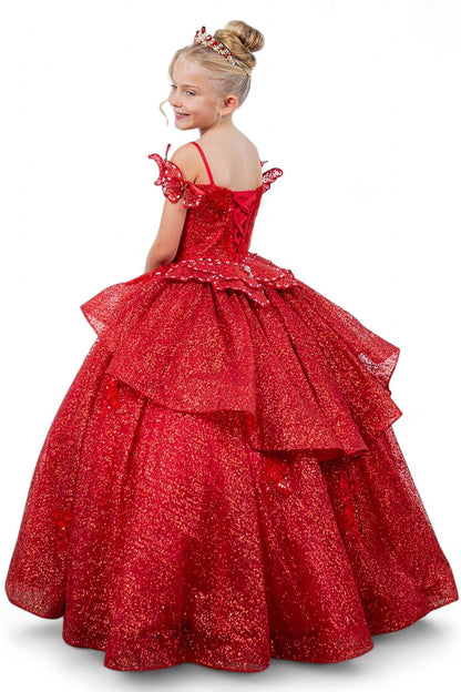 Back detail shows red kids mini quinceañera mini quince dress with butterfly lace, beaded floral bodice and detachable tiered train.