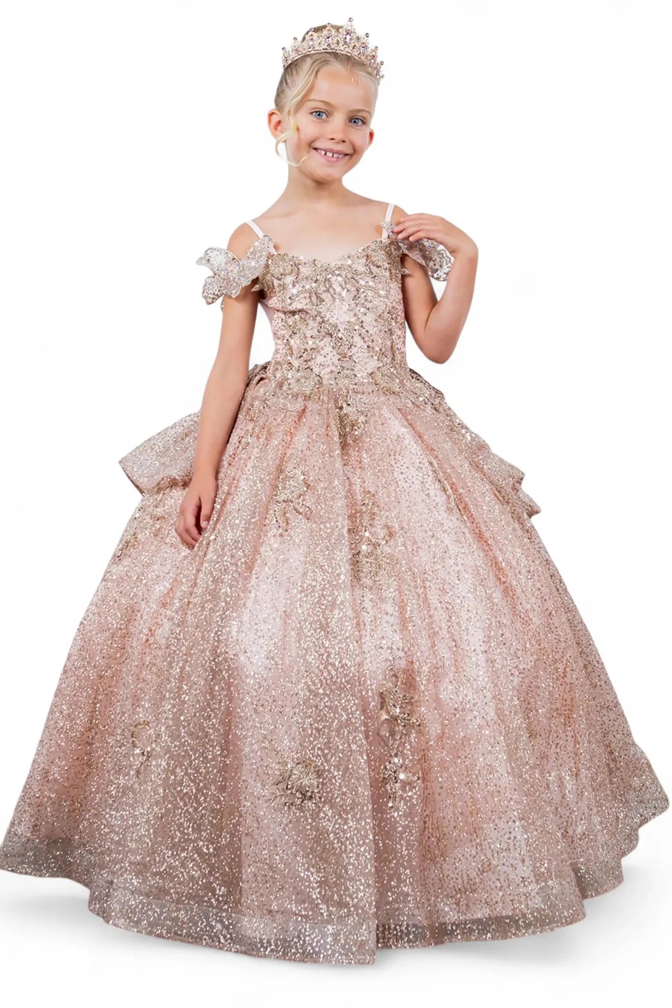Rose gold front view kids mini quinceañera mini quince dress with butterfly lace, beaded floral bodice and detachable tiered train.