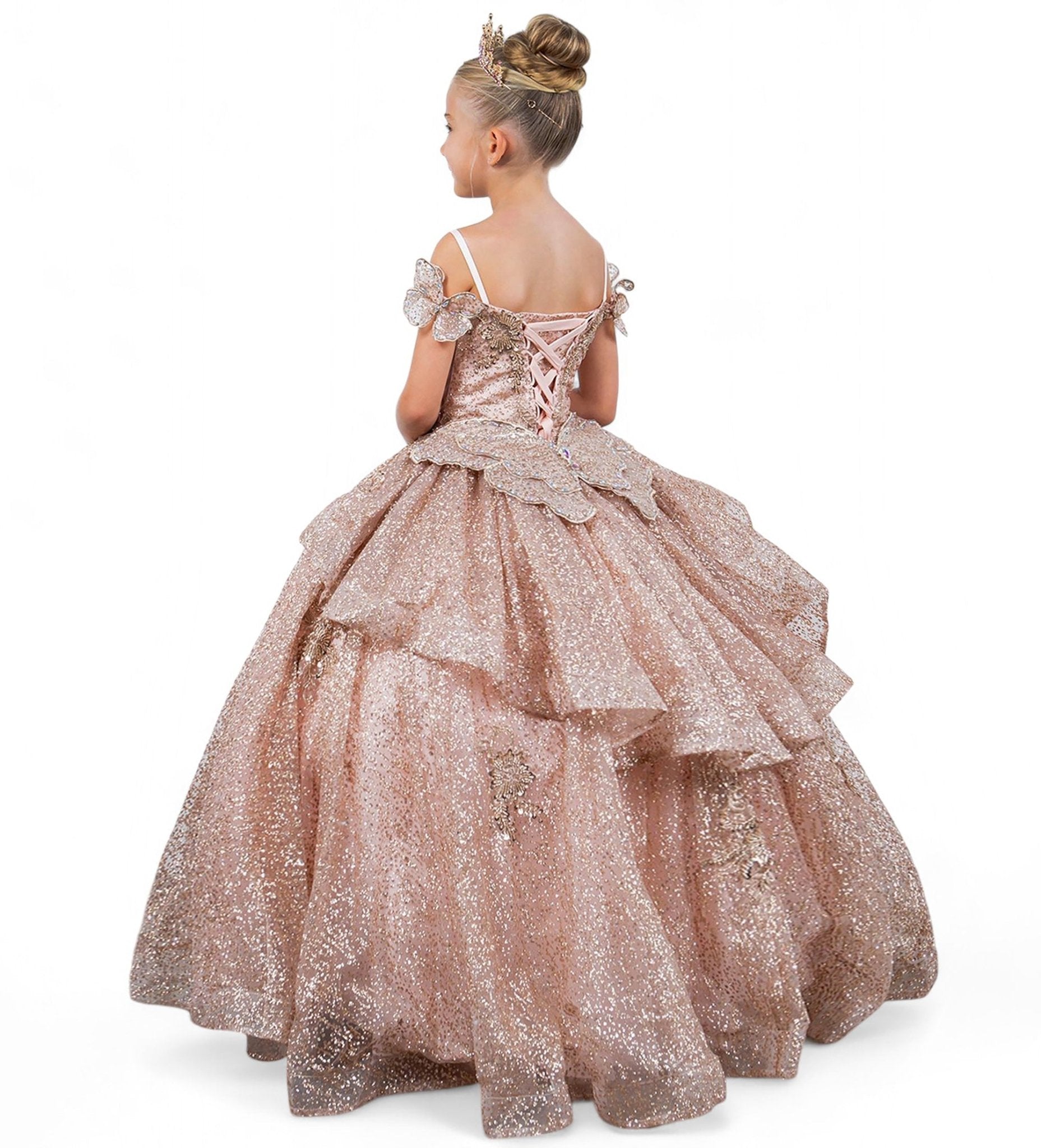 Rose gold side view kids mini quinceañera mini quince dress with butterfly lace, beaded floral bodice and detachable tiered train.