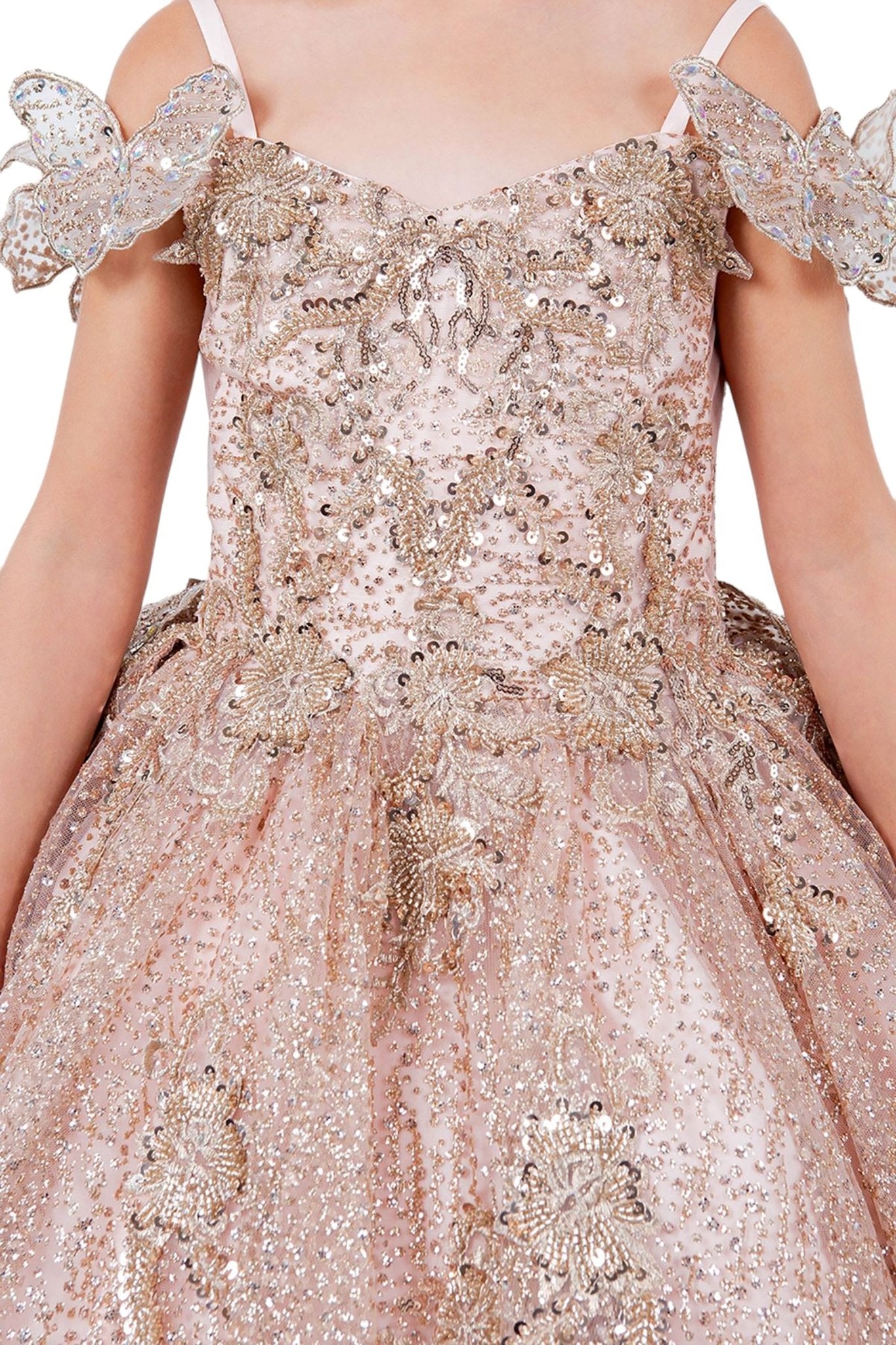 Rose gold front zoom kids mini quinceañera mini quince dress with butterfly lace, beaded floral bodice and detachable tiered train.