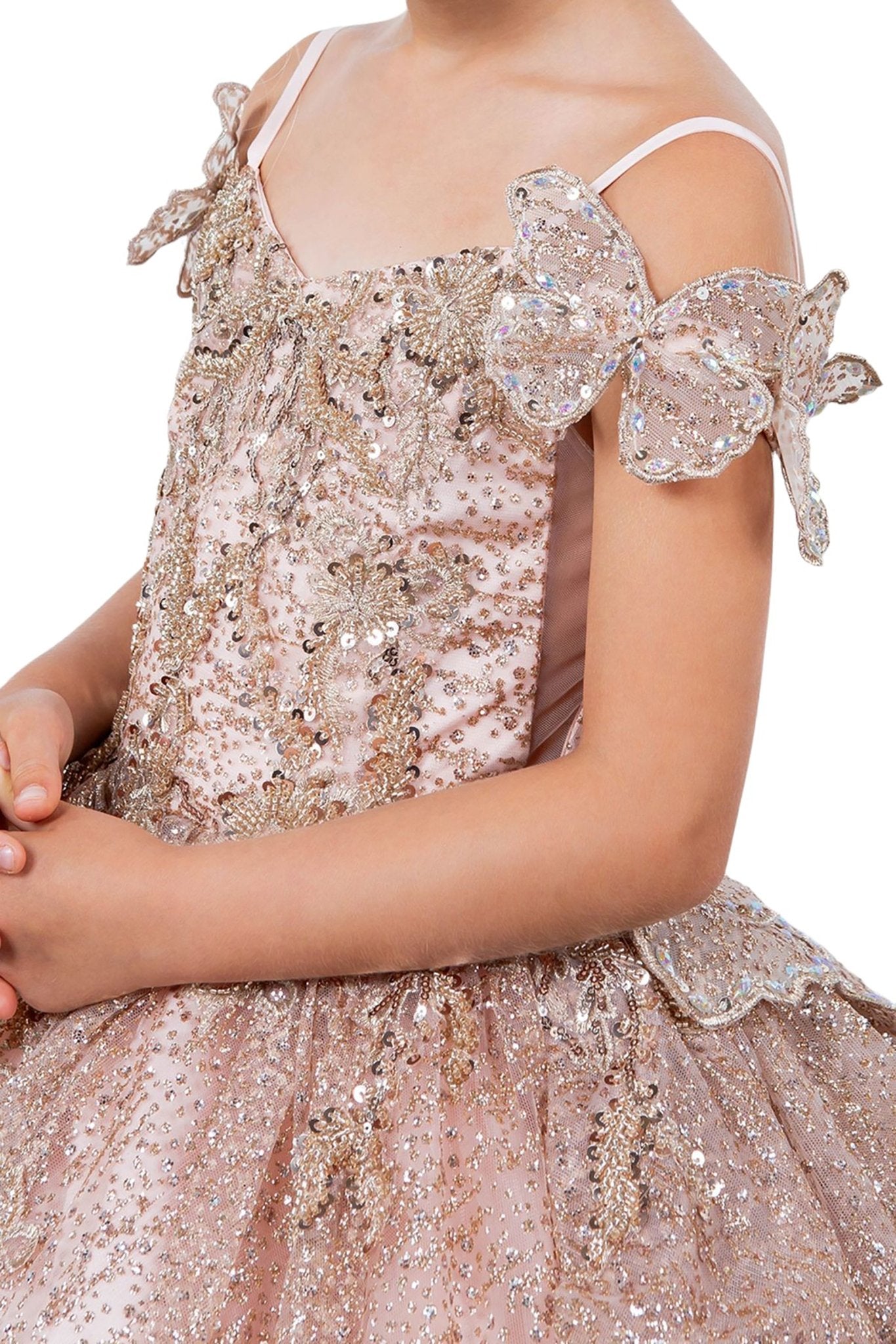 Rose gold side zoom kids mini quinceañera mini quince dress with butterfly lace, beaded floral bodice and detachable tiered train.