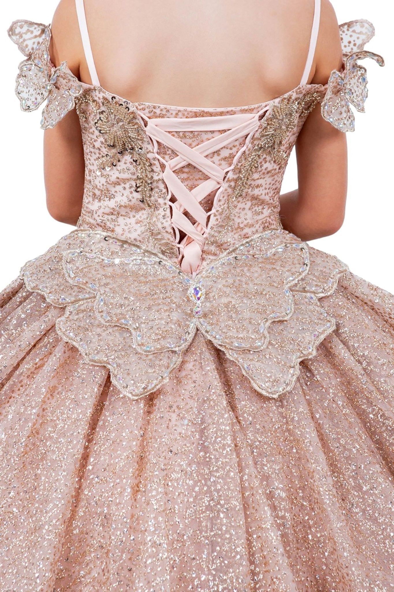Rose gold back ribbon view kids mini quinceañera mini quince dress with butterfly lace, beaded floral bodice and detachable tiered train.