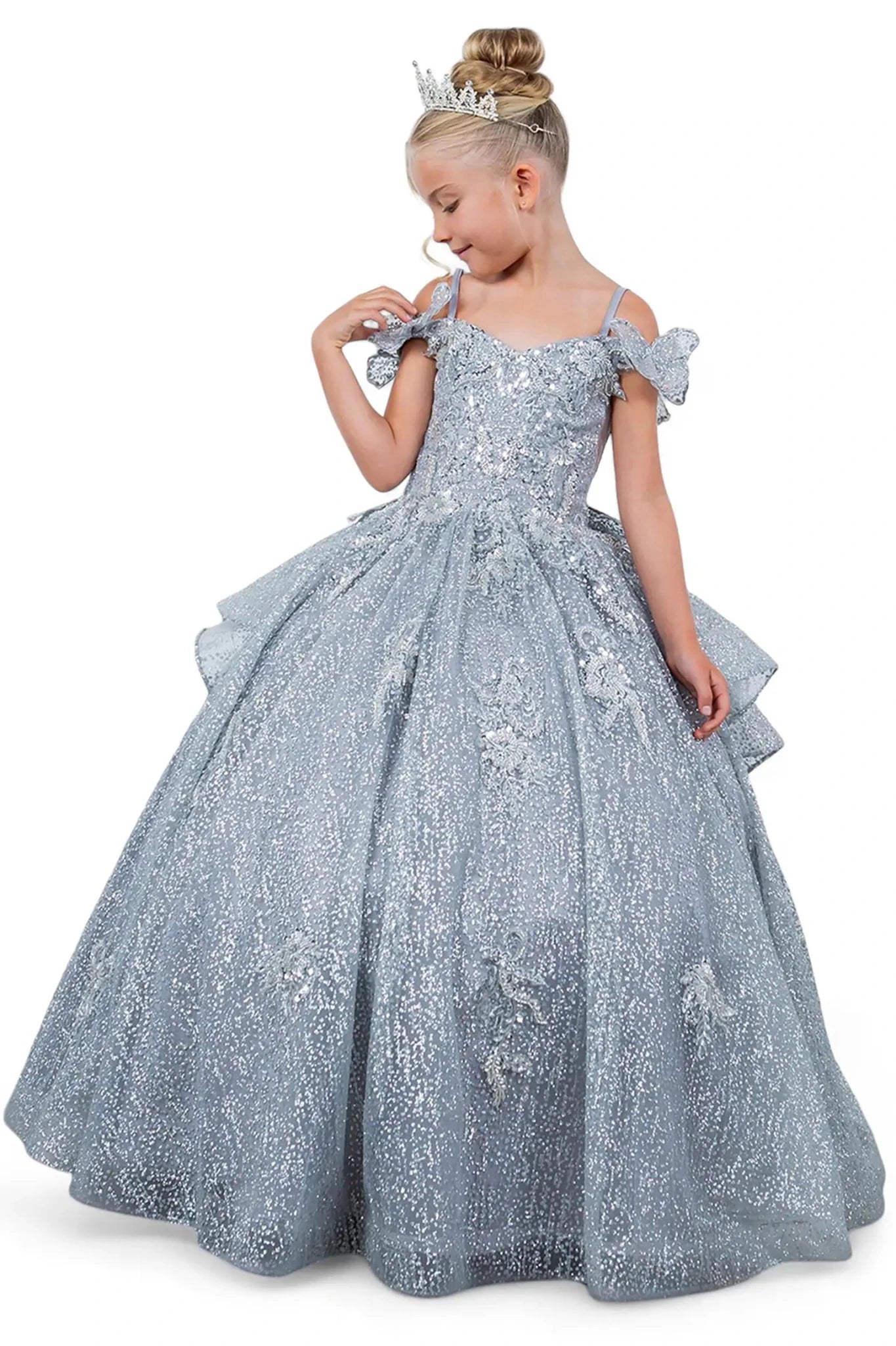 Silver front view kids mini quinceañera mini quince dress with lace-up bodice, butterfly lace and detachable tiered train.