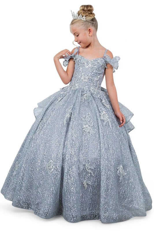 Silver front view kids mini quinceañera mini quince dress with lace-up bodice, butterfly lace and detachable tiered train.