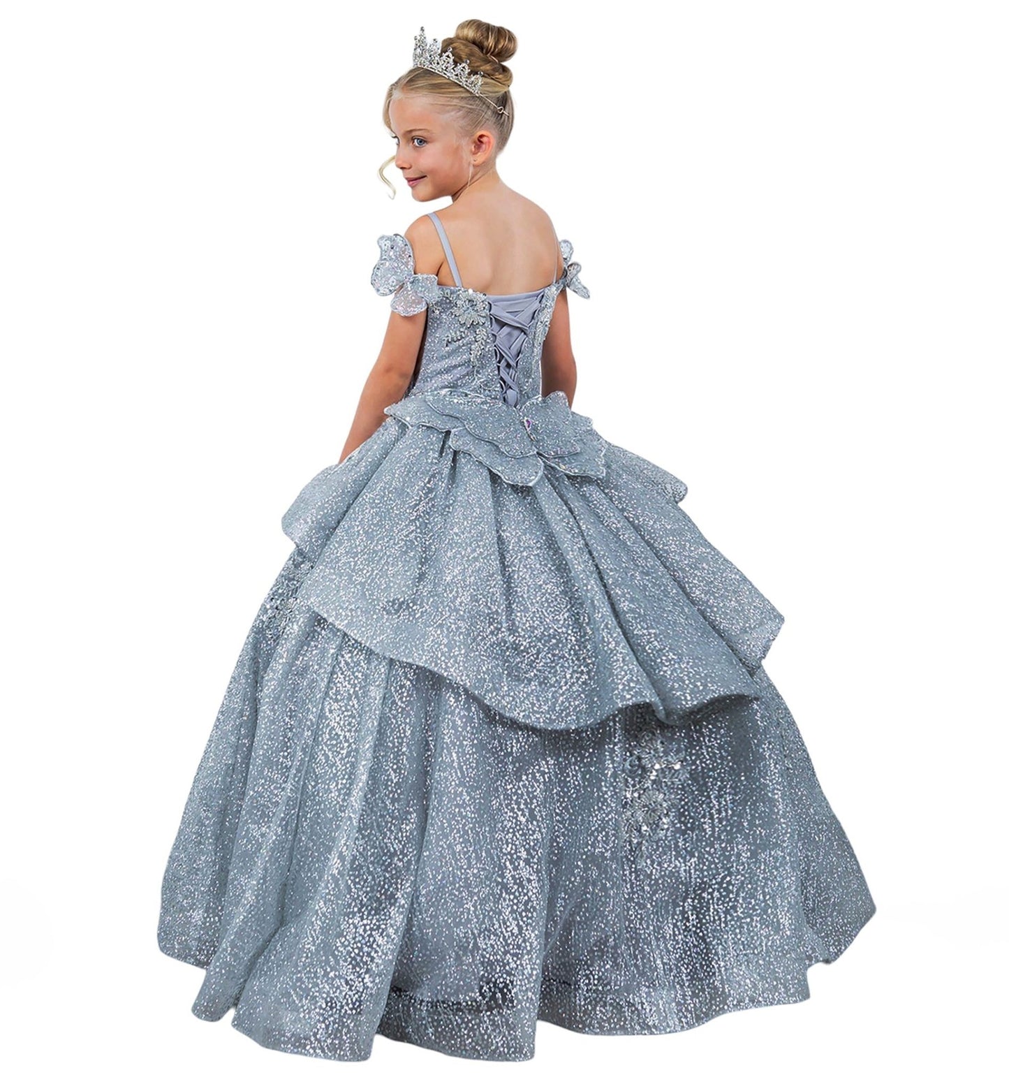 Silver front view kids mini quinceañera mini quince dress with butterfly lace, beaded floral bodice and detachable tiered train.
