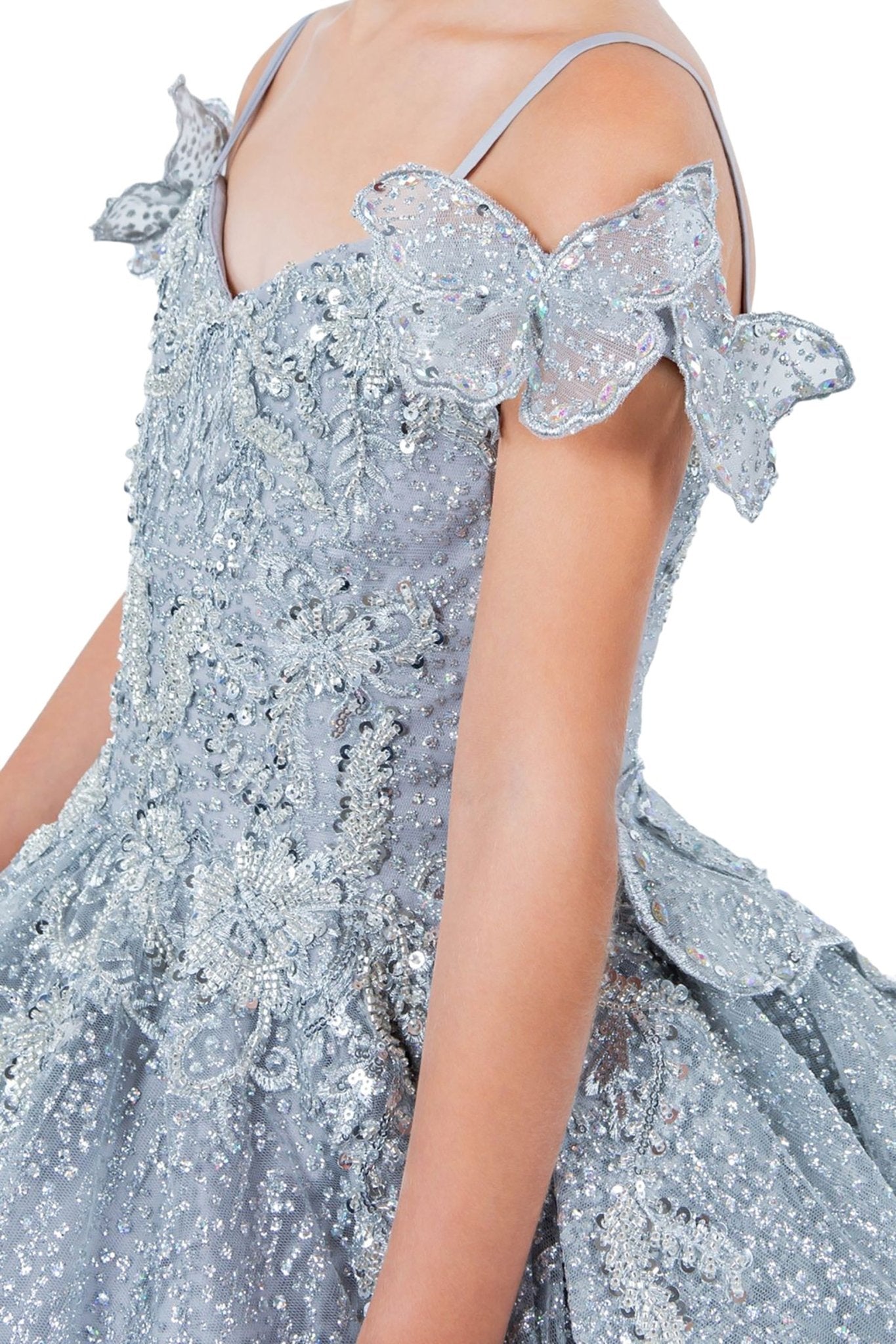 Silver side zoom kids mini quinceañera mini quince dress with butterfly lace, beaded floral bodice and detachable tiered train.