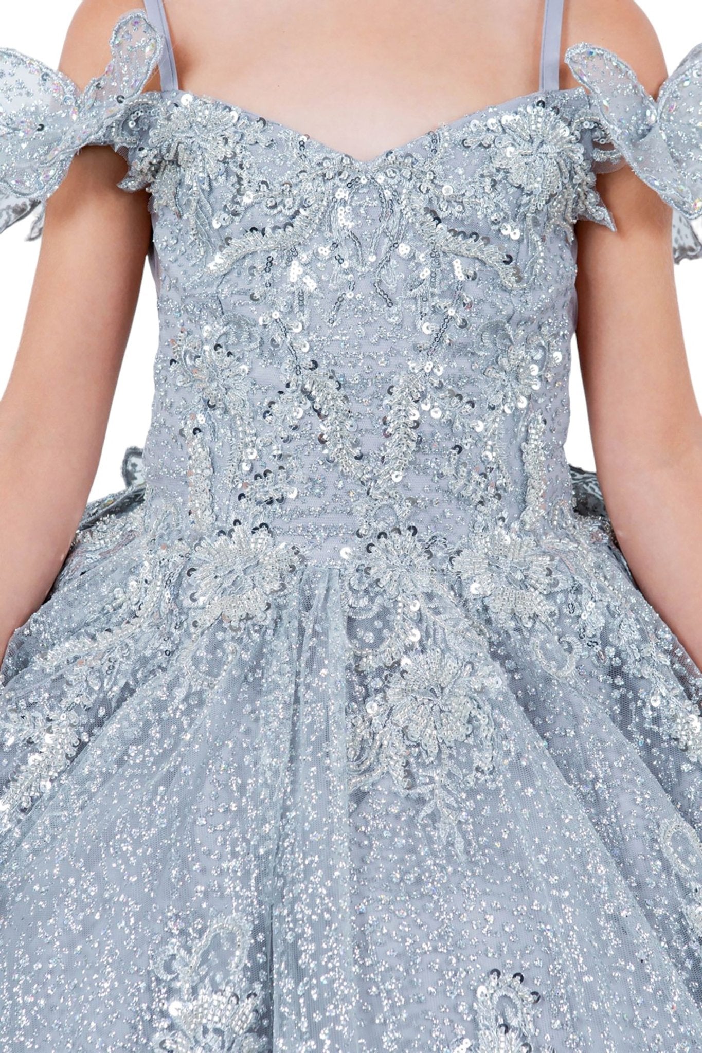 Silver front zoom kids mini quinceañera mini quince dress with butterfly lace, beaded floral bodice and detachable tiered train.
