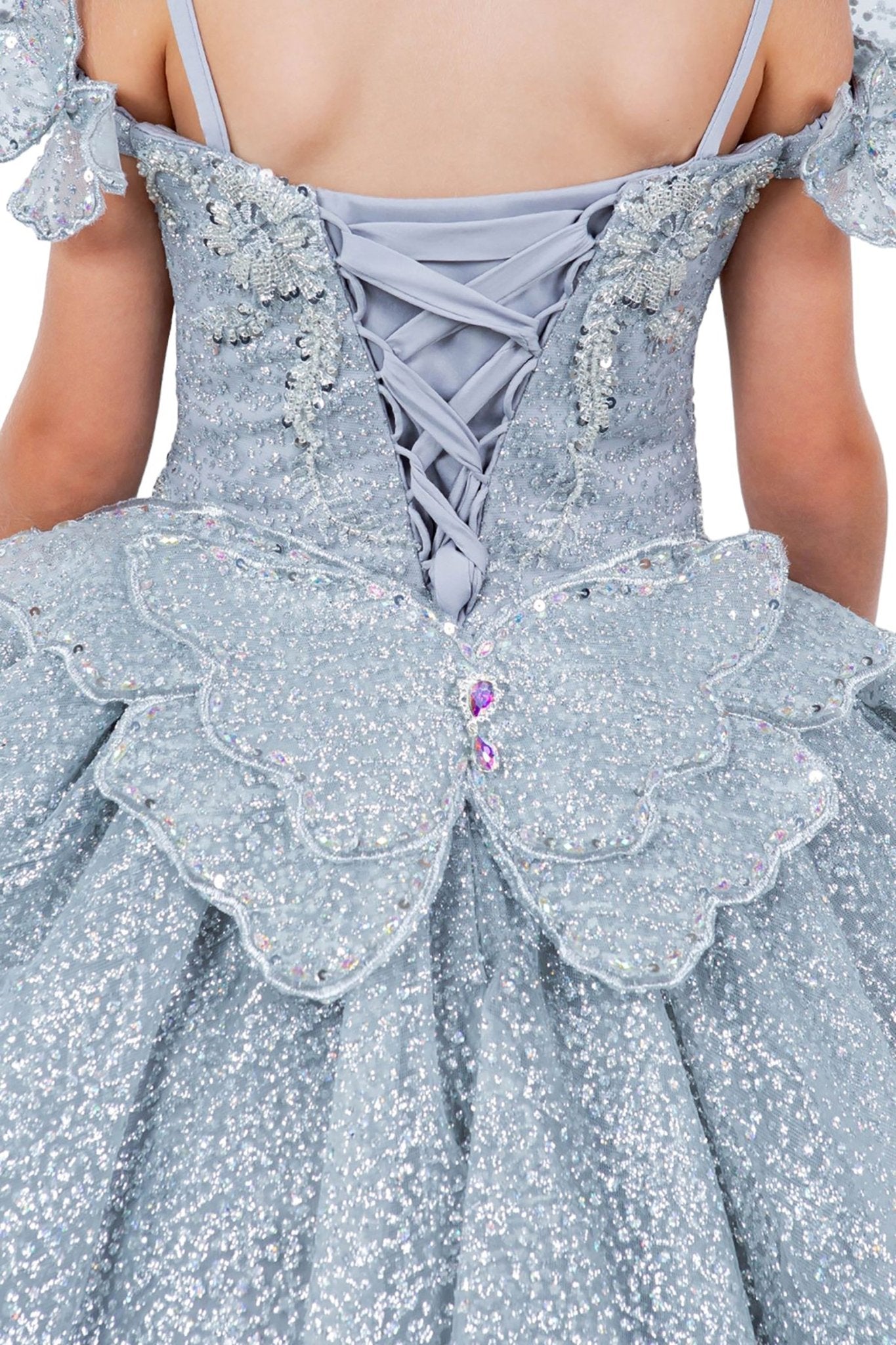 Silver back zoom kids mini quinceañera mini quince dress with butterfly lace, beaded floral bodice and detachable tiered train.