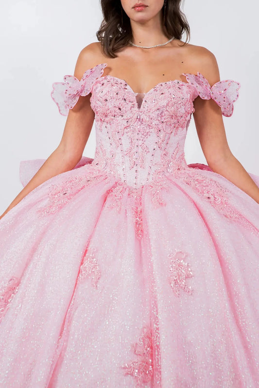 Blush Sweet 15 Ball Gown with Off - Shoulder Floral & Butterfly Details