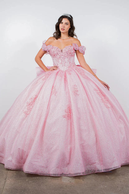 a girl wearing a Blush Off-Shoulder Beaded Bodice with Crafted Lace Butterfly and Floral Appliqué Sweet 15 Ballgown
