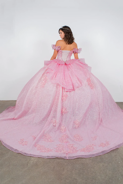 Pink quinceanera ball gown with floral details and butterfly big bow and long train 
