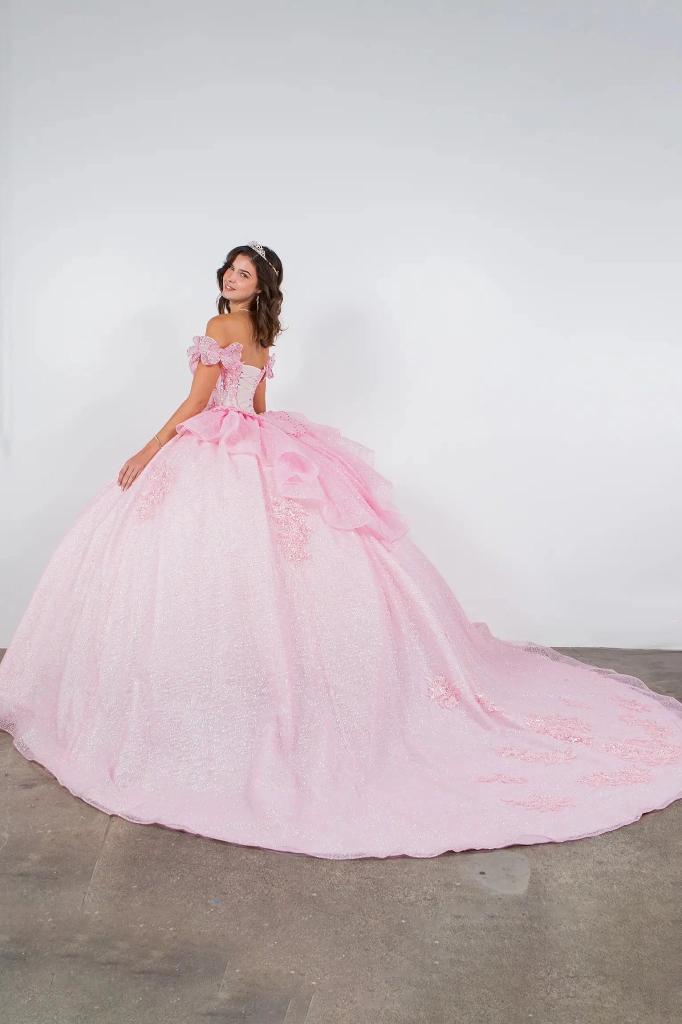 Blush Sweet 15 Ball Gown with Off - Shoulder Floral & Butterfly Details