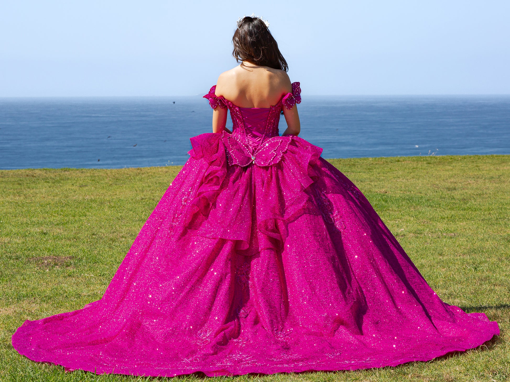 Quinceañera | Fuchsia Off-Shoulder Beaded Bodice with Crafted Lace Butterfly, Floral Appliqué Sweet 15 Ballgown | Martina J dress | 8 Colors Available back view