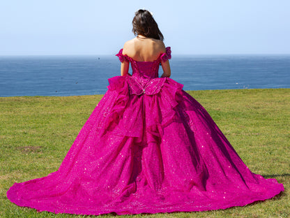 Quinceañera | Fuchsia Off-Shoulder Beaded Bodice with Crafted Lace Butterfly, Floral Appliqué Sweet 15 Ballgown | Martina J dress | 8 Colors Available back view