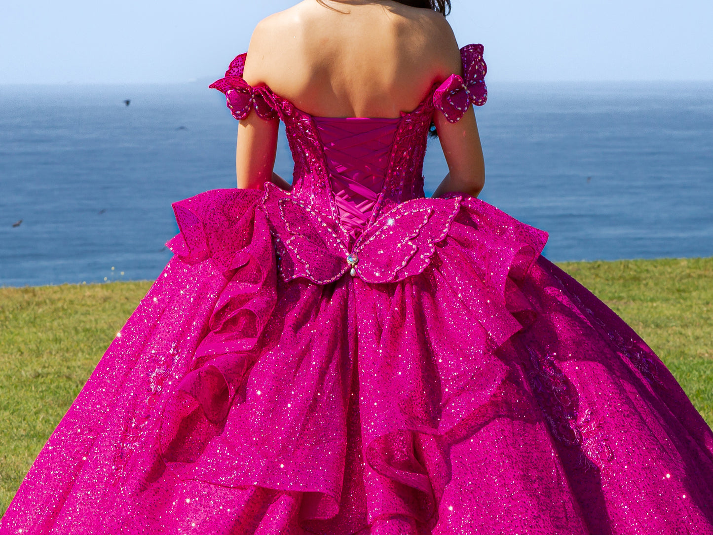 Quinceañera | Fuchsia Off-Shoulder Beaded Bodice with Crafted Lace Butterfly, Floral Appliqué Sweet 15 Ballgown | Martina J dress | 8 Colors Available back zoom