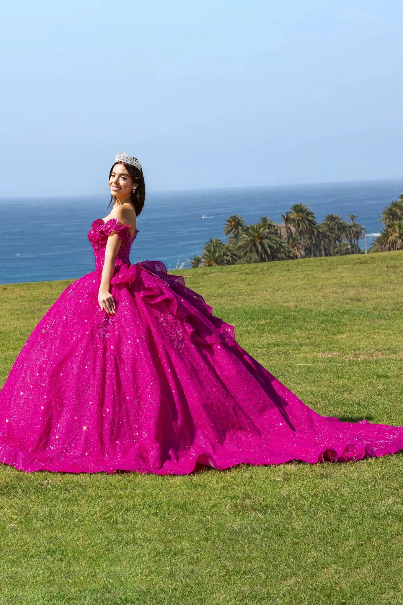 Fuchsia Quinceañera Dress with Butterfly Floral Lace Appliqué M / Fuchsia