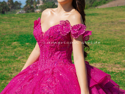 Quinceañera | Fuchsia Off-Shoulder Beaded Bodice with Crafted Lace Butterfly, Floral Appliqué Sweet 15 Ballgown | Martina J dress | 8 Colors Available front zoom