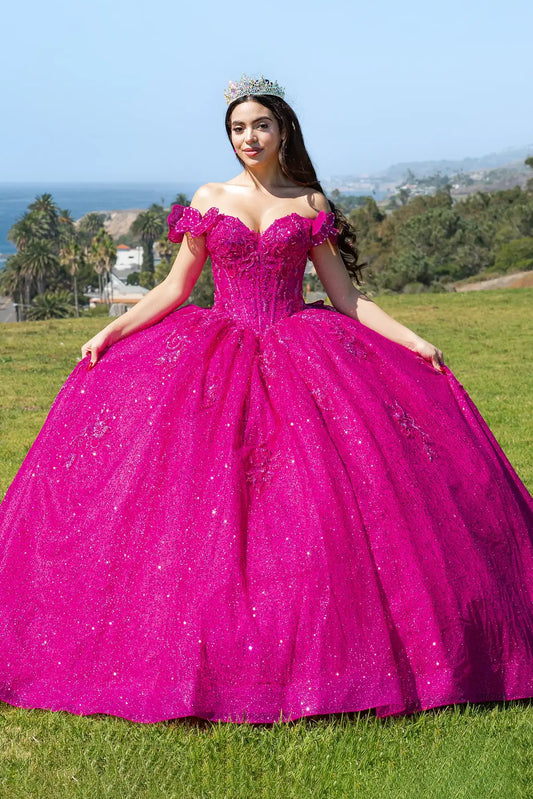 Girl standing front-facing in fuchsia quinceanera ball gown with glittering embellishments, butterflies on off-the-shoulder sleeves