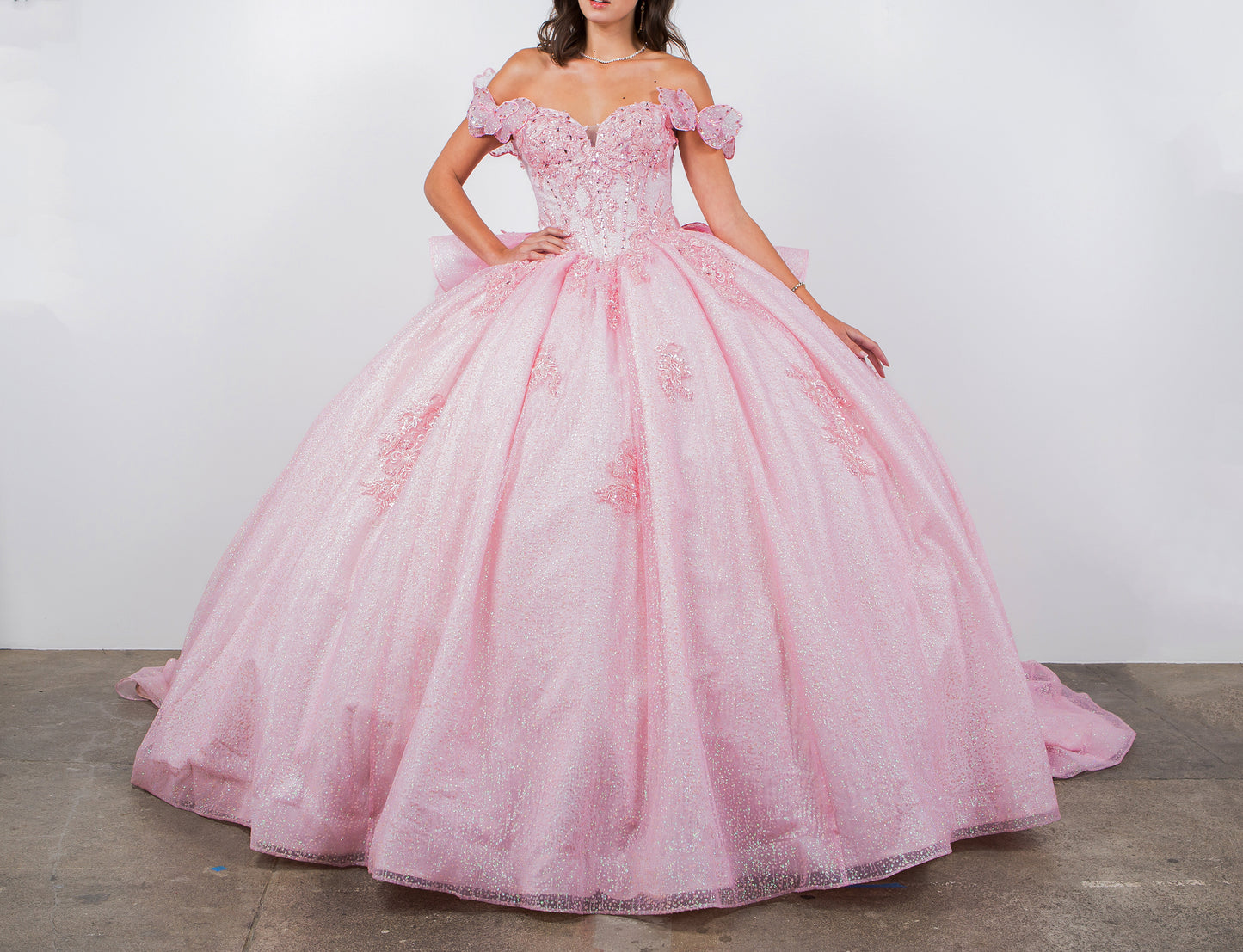 Quinceañera | Blush Off-Shoulder Beaded Bodice with Crafted Lace Butterfly and Floral Appliqué Sweet 15 Ballgown | Martina J dress | 8 Colors Available front view