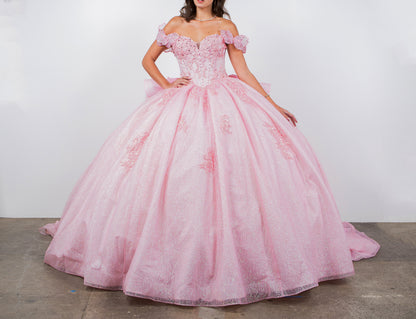 Quinceañera | Blush Off-Shoulder Beaded Bodice with Crafted Lace Butterfly and Floral Appliqué Sweet 15 Ballgown | Martina J dress | 8 Colors Available front view