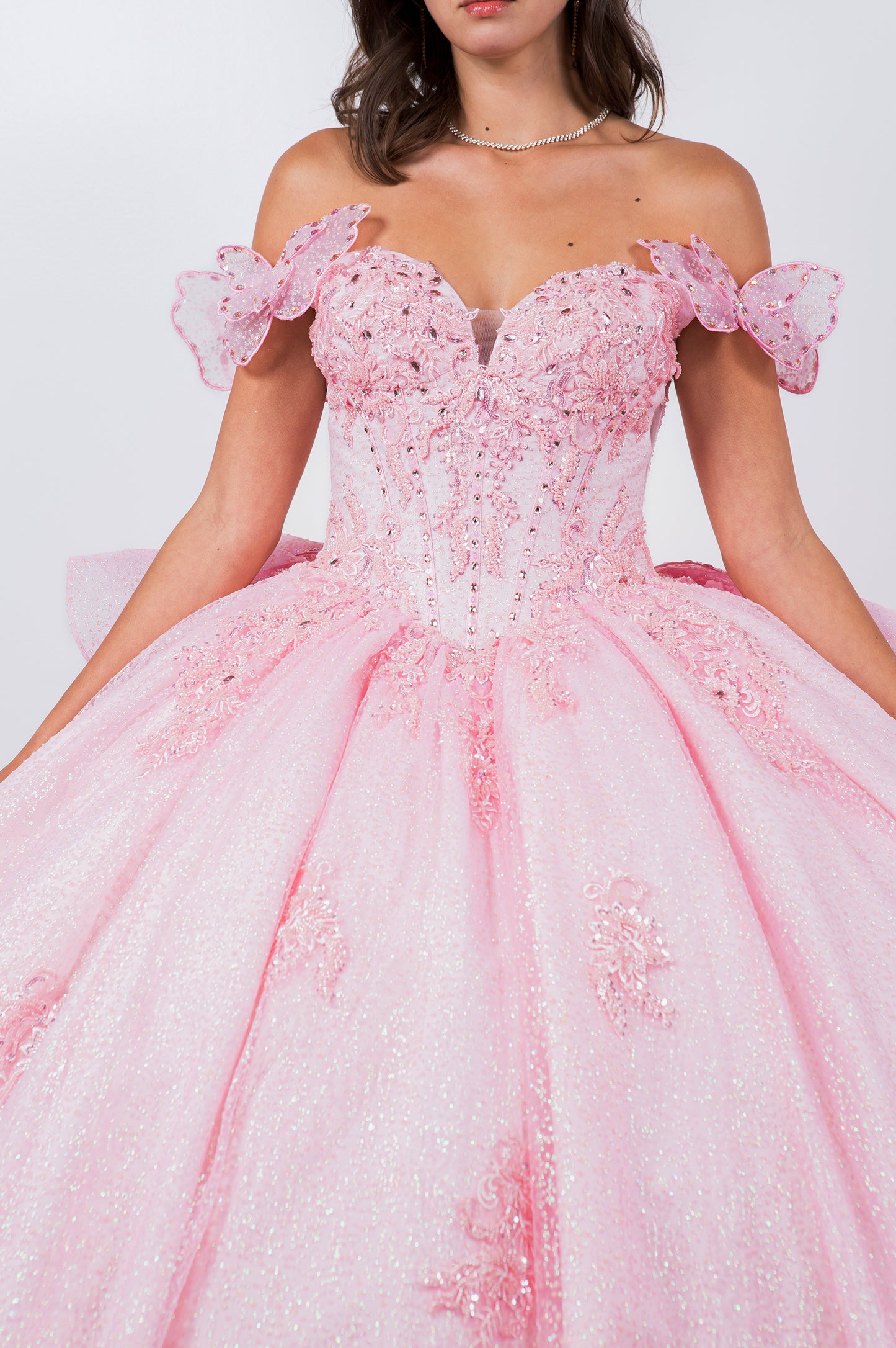 Quinceañera | Blush Off-Shoulder Beaded Bodice with Crafted Lace Butterfly and Floral Appliqué Sweet 15 Ballgown | Martina J dress | 8 Colors Available front zoom