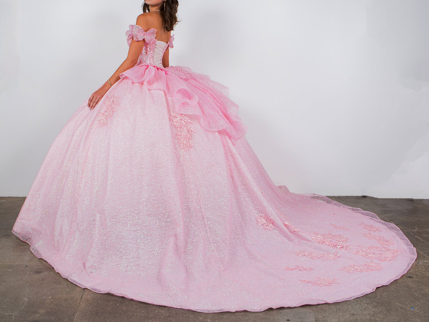 Quinceañera | Blush Off-Shoulder Beaded Bodice with Crafted Lace Butterfly and Floral Appliqué Sweet 15 Ballgown | Martina J dress | 8 Colors Available side back view