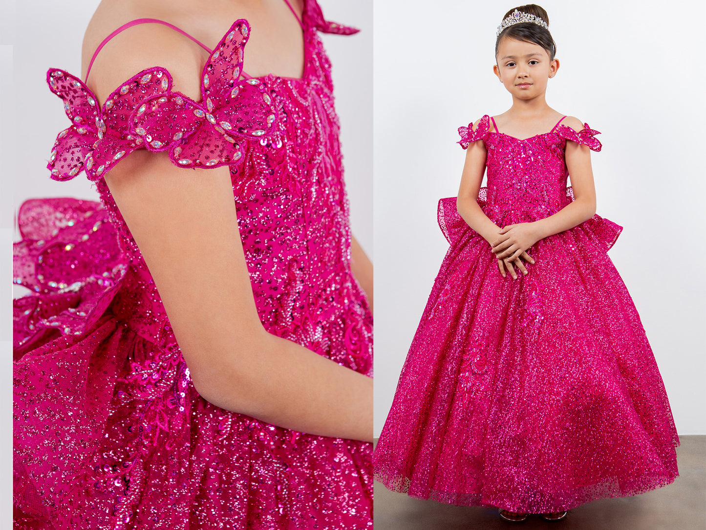 Mini Quince | Fuschia Butterfly Crafted Lace, Beaded and Floral Applique bodice Layered Tulle with Removable Tiered Train Mini Quinceanera 3 Anos Ballgown | Martina dress two 