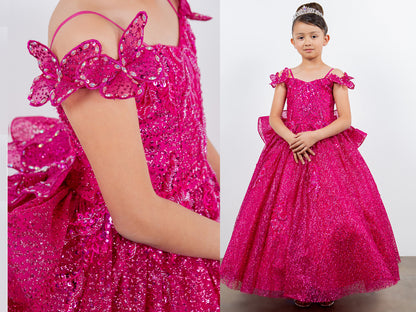 Mini Quince | Fuschia Butterfly Crafted Lace, Beaded and Floral Applique bodice Layered Tulle with Removable Tiered Train Mini Quinceanera 3 Anos Ballgown | Martina dress two 