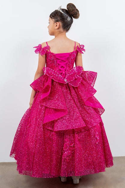 Mini Quince | Fuschia Butterfly Crafted Lace, Beaded and Floral Applique bodice Layered Tulle with Removable Tiered Train Mini Quinceanera 3 Anos Ballgown | Martina dress back view