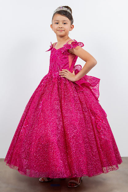 Mini Quince | Fuschia Butterfly Crafted Lace, Beaded and Floral Applique bodice Layered Tulle with Removable Tiered Train Mini Quinceanera 3 Anos Ballgown | Martina dress side view