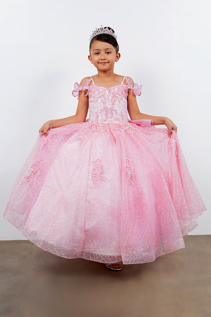 Mini Quince | Pink Butterfly Crafted Lace, Beaded and Floral Applique bodice Layered Tulle with Removable Tiered Train Mini Quinceanera 3 Anos Ballgown | Martina dress