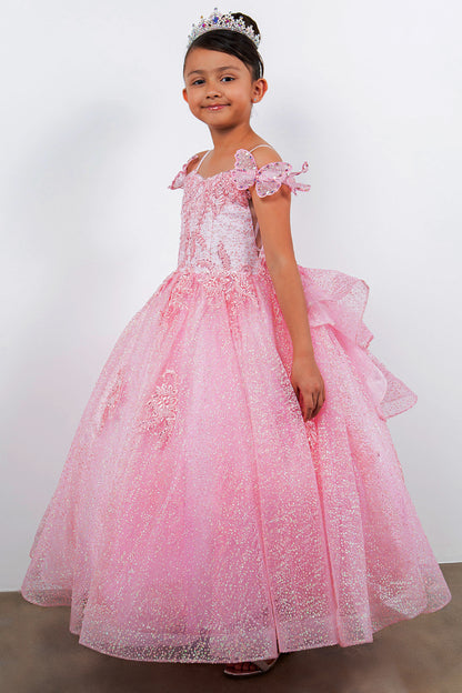 Mini Quince | Pink Butterfly Crafted Lace, Beaded and Floral Applique bodice Layered Tulle with Removable Tiered Train Mini Quinceanera 3 Anos Ballgown | Martina dress side view