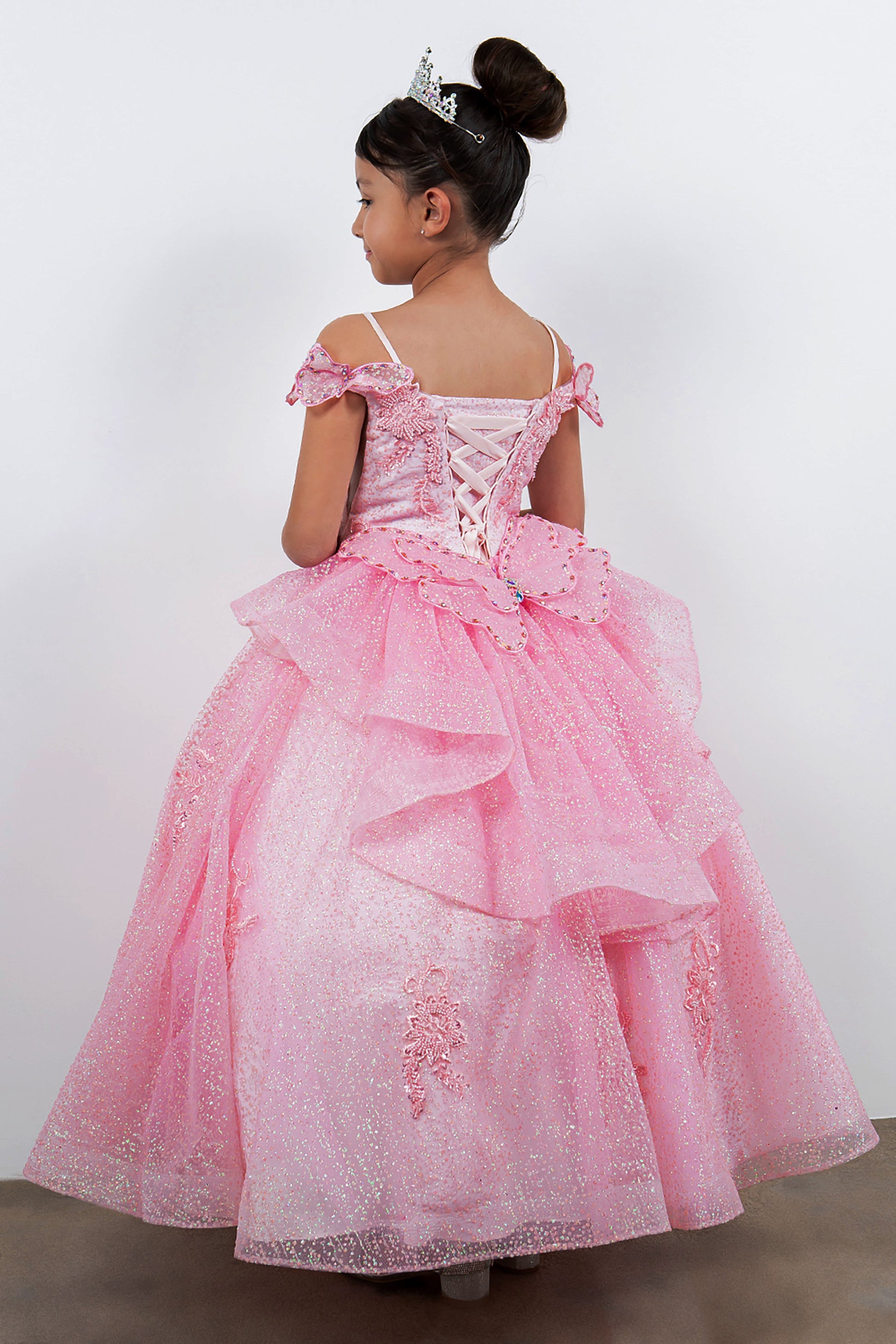 Mini Quince | Pink Butterfly Crafted Lace, Beaded and Floral Applique bodice Layered Tulle with Removable Tiered Train Mini Quinceanera 3 Anos Ballgown | Martina dress back view