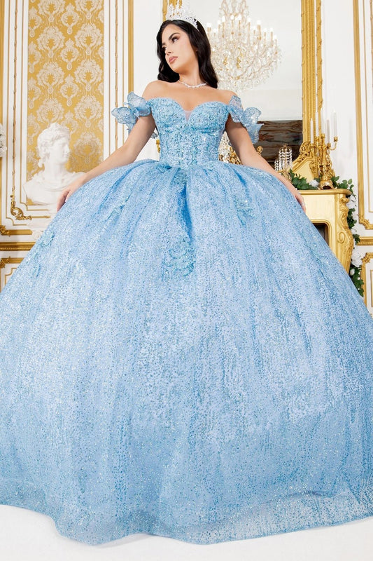 Shown in a full-skirt front view, the Light Blue quinceañera dress has off-shoulder floral bodice and a voluminous glitter ball skirt.