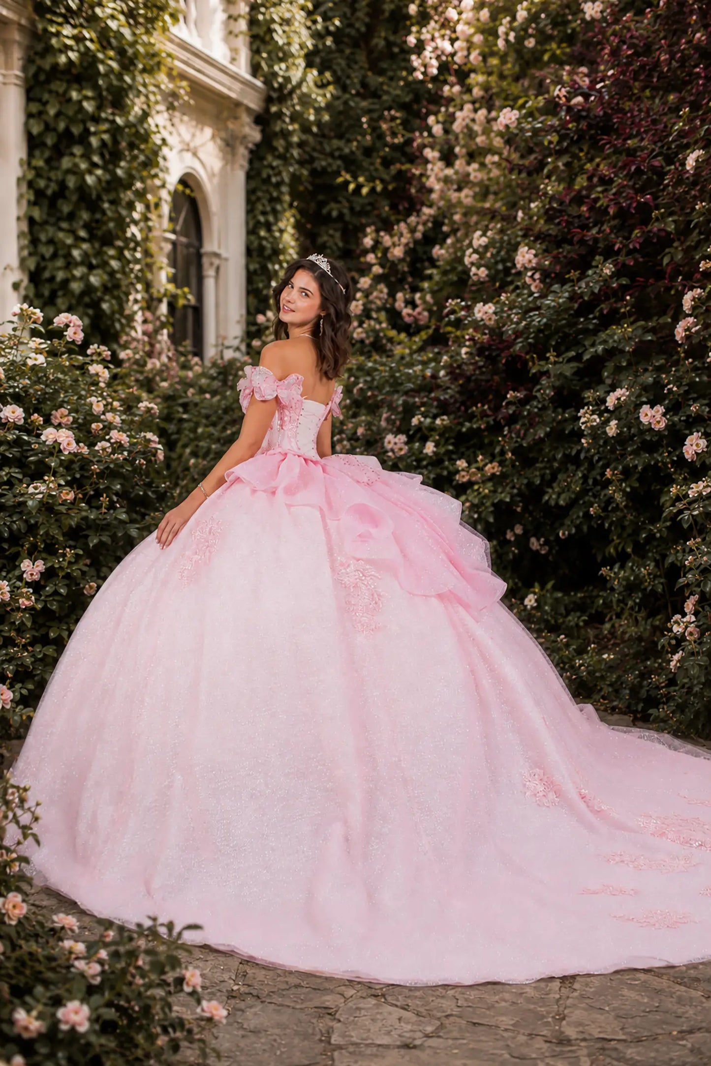 Blush quinceanera dress with Off - Shoulder Floral and long train