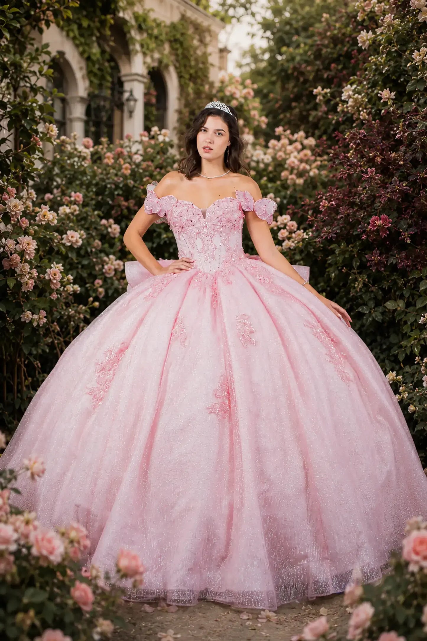 girl wearing a Blush Beaded Bodice with Lace Butterfly and Floral Appliqué Sweet 15 Ballgown