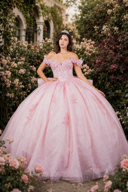 girl wearing a Blush Beaded Bodice with Lace Butterfly and Floral Appliqué Sweet 15 Ballgown