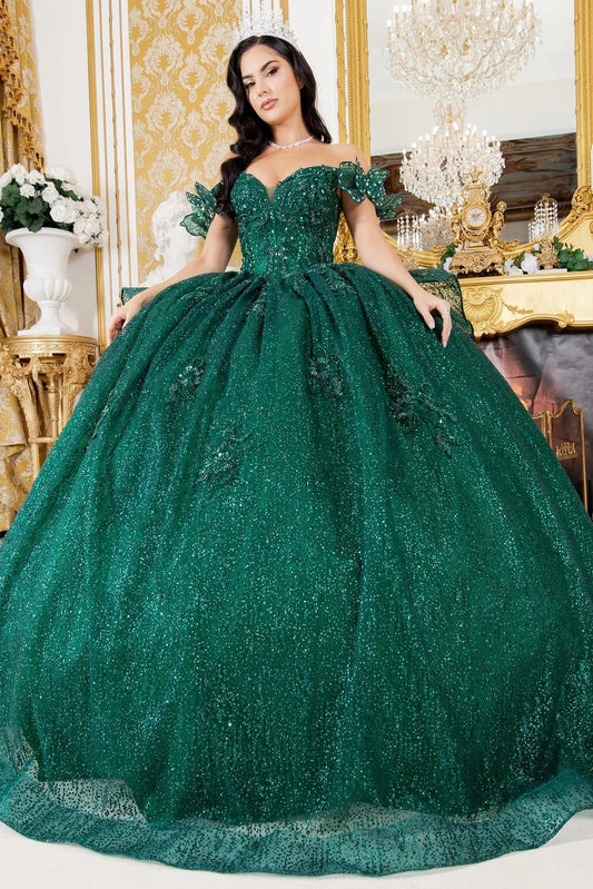 Shown in a full-skirt front view, the Hunter Green quinceañera dress has off-shoulder beaded bodice and full glitter tulle skirt.