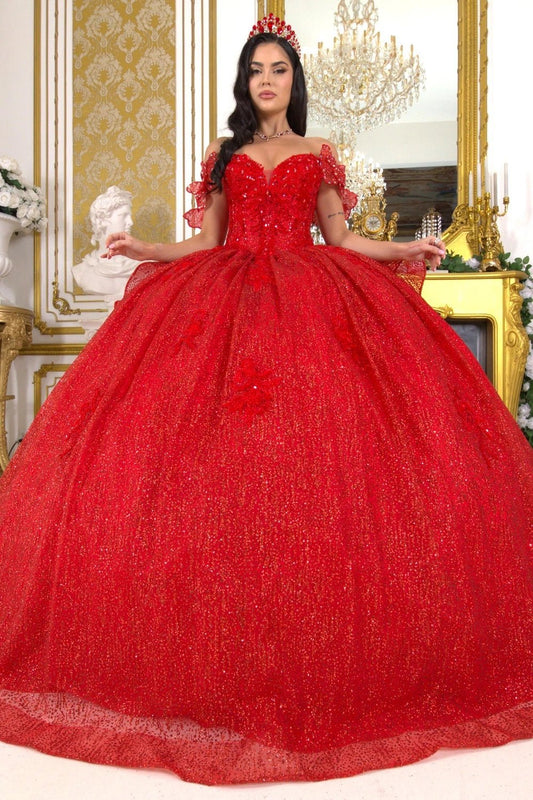 Shown in a full-skirt front view, the Red quinceañera dress has off-shoulder floral bodice and layered glitter ball skirt.