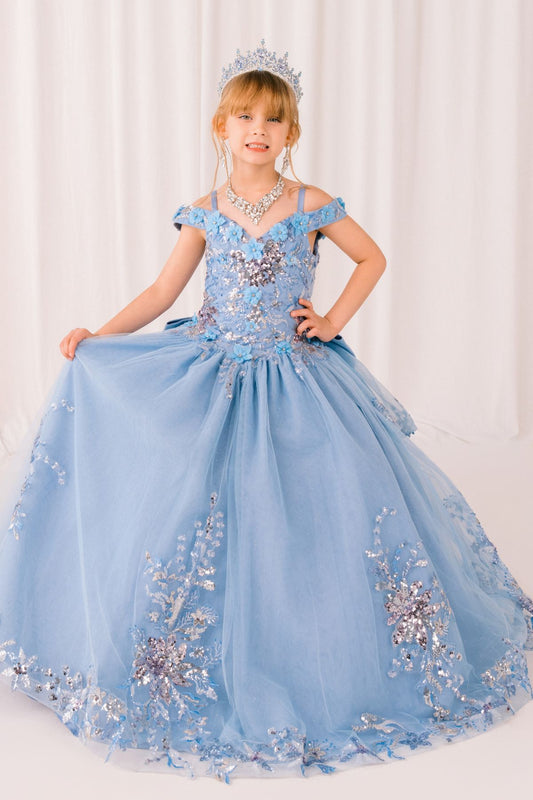 Blue front view kids mini quinceañera mini quince dress with off-shoulder 3D beaded floral applique and glitter tulle.
