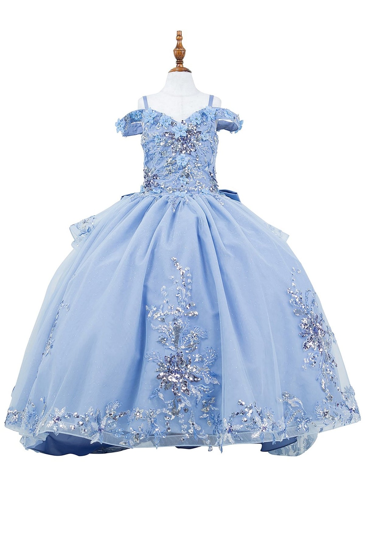 Blue front view kids mini quinceañera mini quince dress with off-shoulder 3D beaded floral applique and glitter tulle.