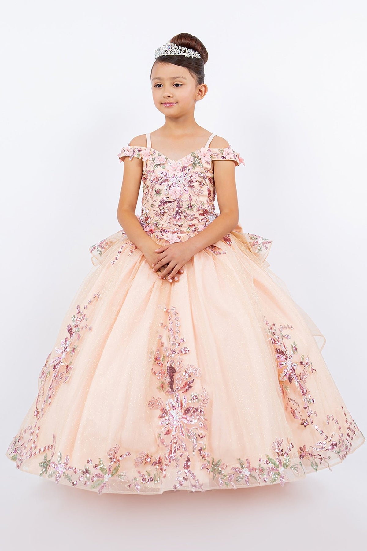 Front view of peach blush kids mini quince dress with 3D beaded floral applique off-shoulder tulle glitter skirt.