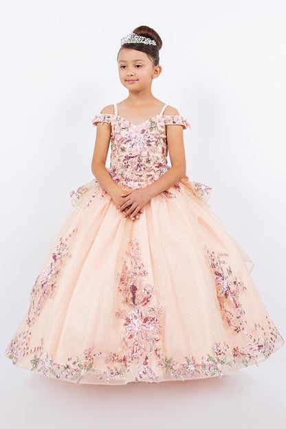 Full-length view highlights peach blush kids mini quince dress with 3D beaded floral applique off-shoulder tulle glitter skirt.